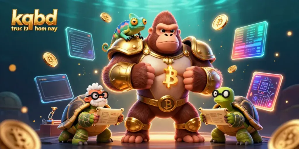 Immerse in kqbd truc tuyen hom nay with a bold gorilla king and colorful chameleon in a dynamic 3D illustration