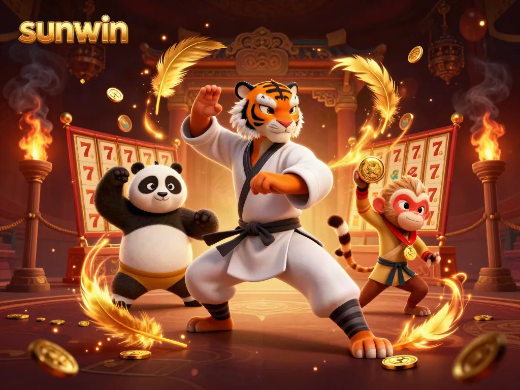 Experience the thrilling gaming scene at sunwin with the kung fu tiger master, surrounded by vibrant casino elements.
