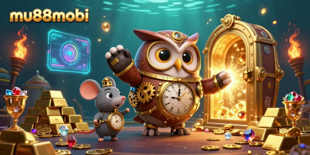 Experience thrilling gameplay at mu88mobi with our vibrant casino scene featuring a steampunk owl and treasures.