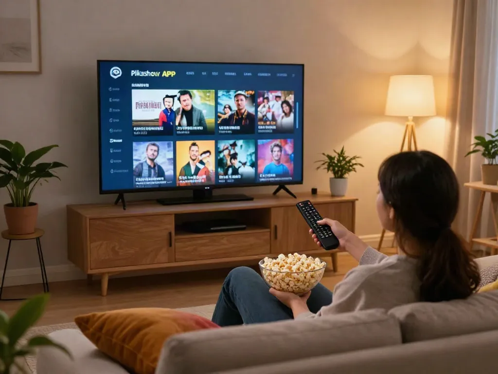 Enjoying streaming with PickAShow APK on a smart TV in a cozy living room.