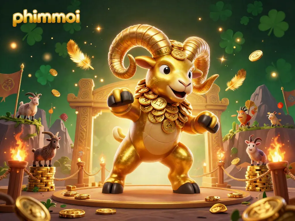 Engage with phimmoi where golden rams charge through a vibrant casino scene, surrounded by dynamic elements.
