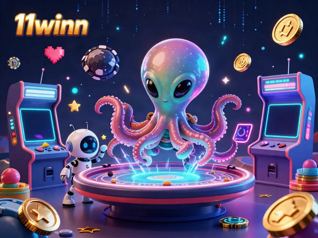Experience thrilling gameplay at 11winn with a lively scene featuring an octopus and robot at a poker table.