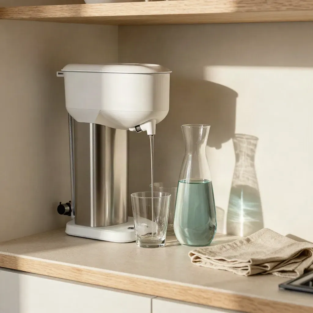Onderbouwdrinkwaterfilter in pantry, water loopt in karaf naast twee glazen.