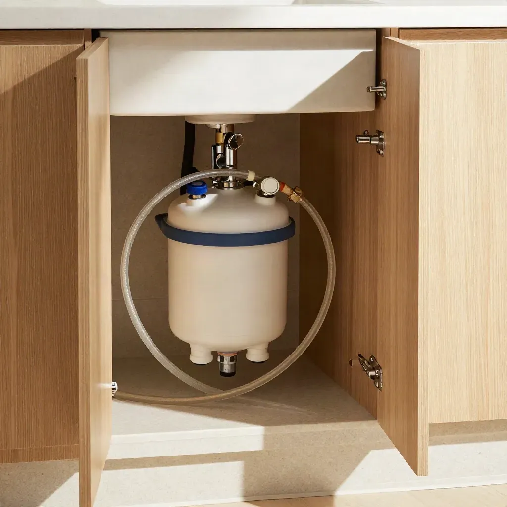 Onder de gootsteen staat een RO-systeem met tank, filterslangen en chroomkraantje.