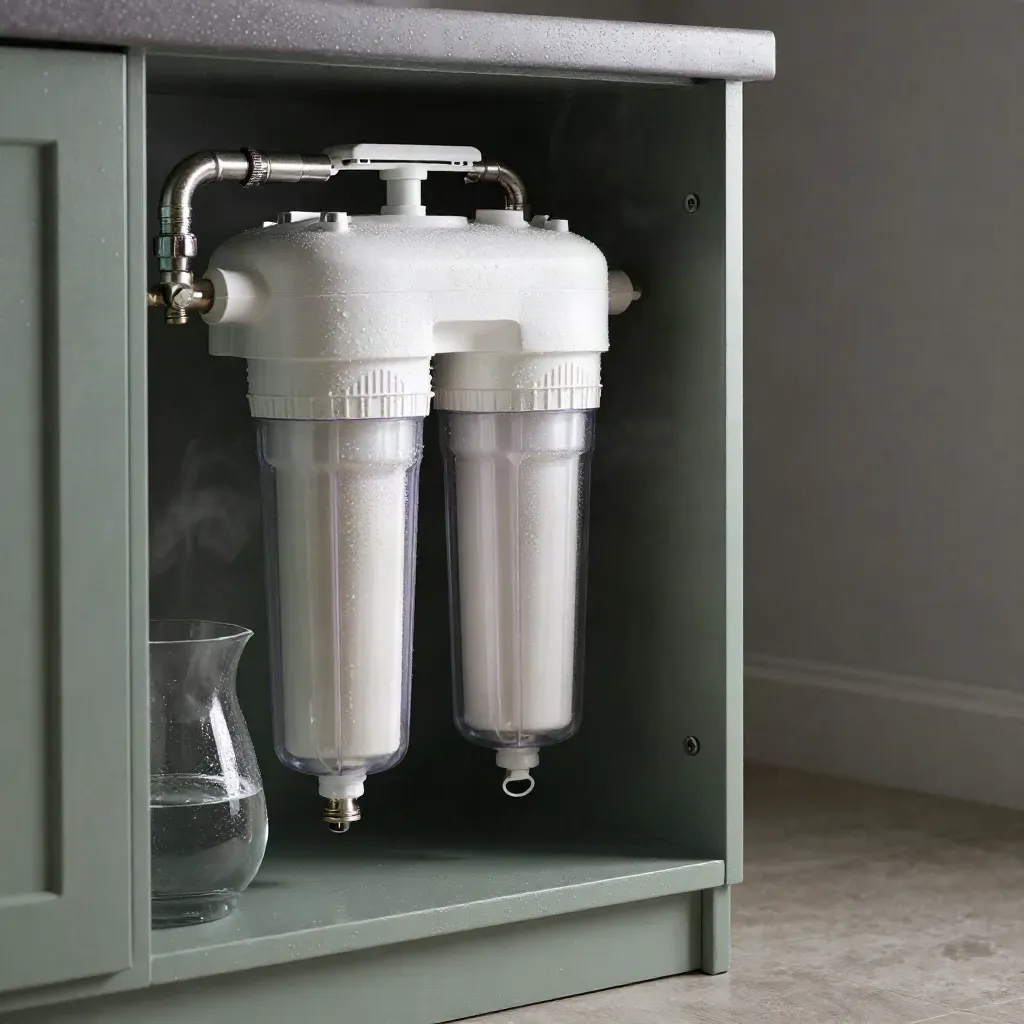 Waterontharder en filters in een bijkeuken met karaf en condens, sfeervol en technisch.