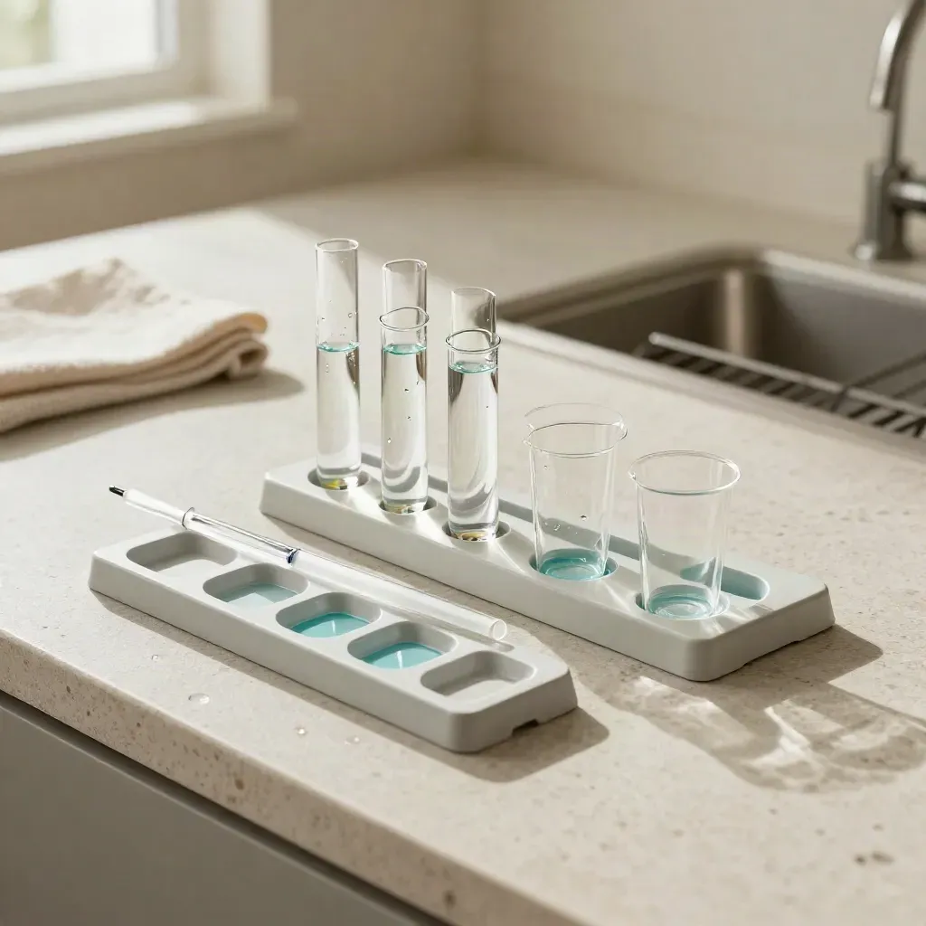 Drie testvials, pipet en meetcupjes op steen in warm daglicht bij een watercheck.