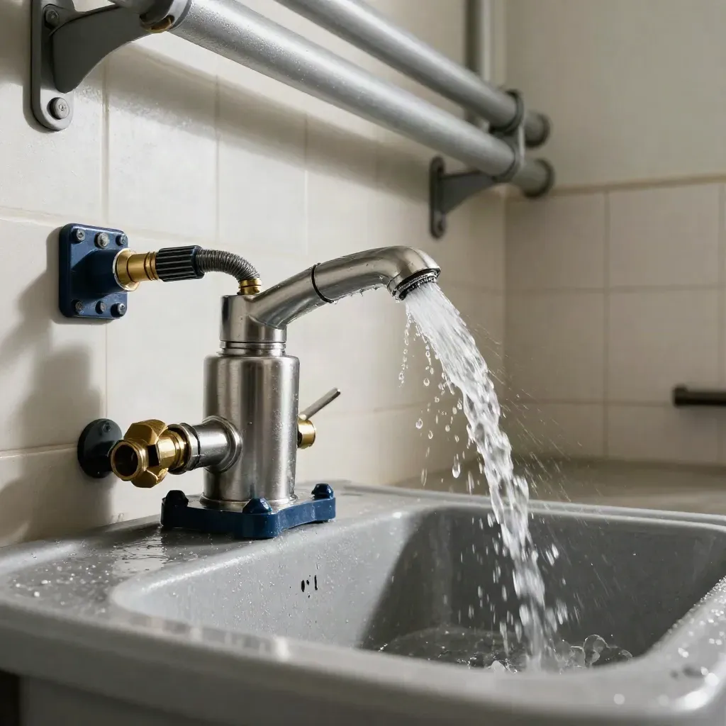 Pompinstallatie met krachtige waterstraal in een stalen spoelbak, laag gefotografeerd in een winkelruimte.