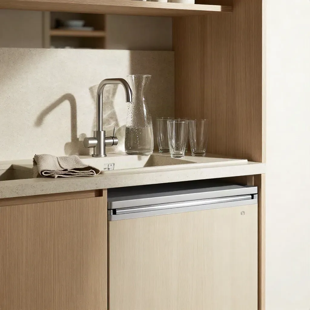 Compacte kantoorpantry met RO-unit, karaf en glazen; koud water klaar bij de tap.