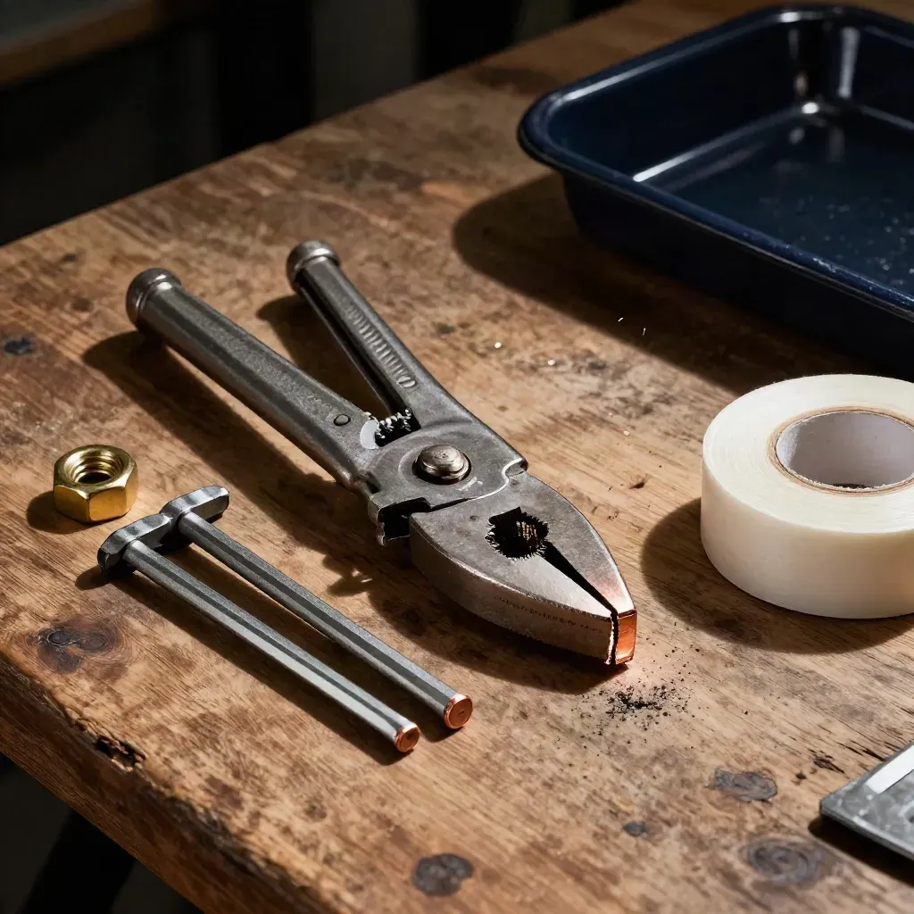 Installatiegereedschap op verweerde werkbank met koperen rand en PTFE-tape, dramatisch in zijlicht.