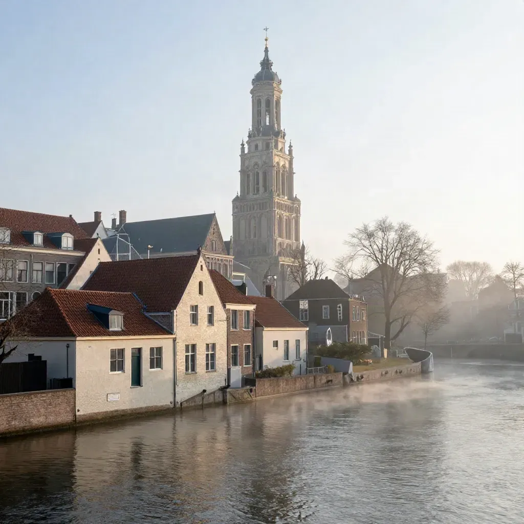 De Domtoren boven mistige singel en daken, met open water en rust voor de kopij.