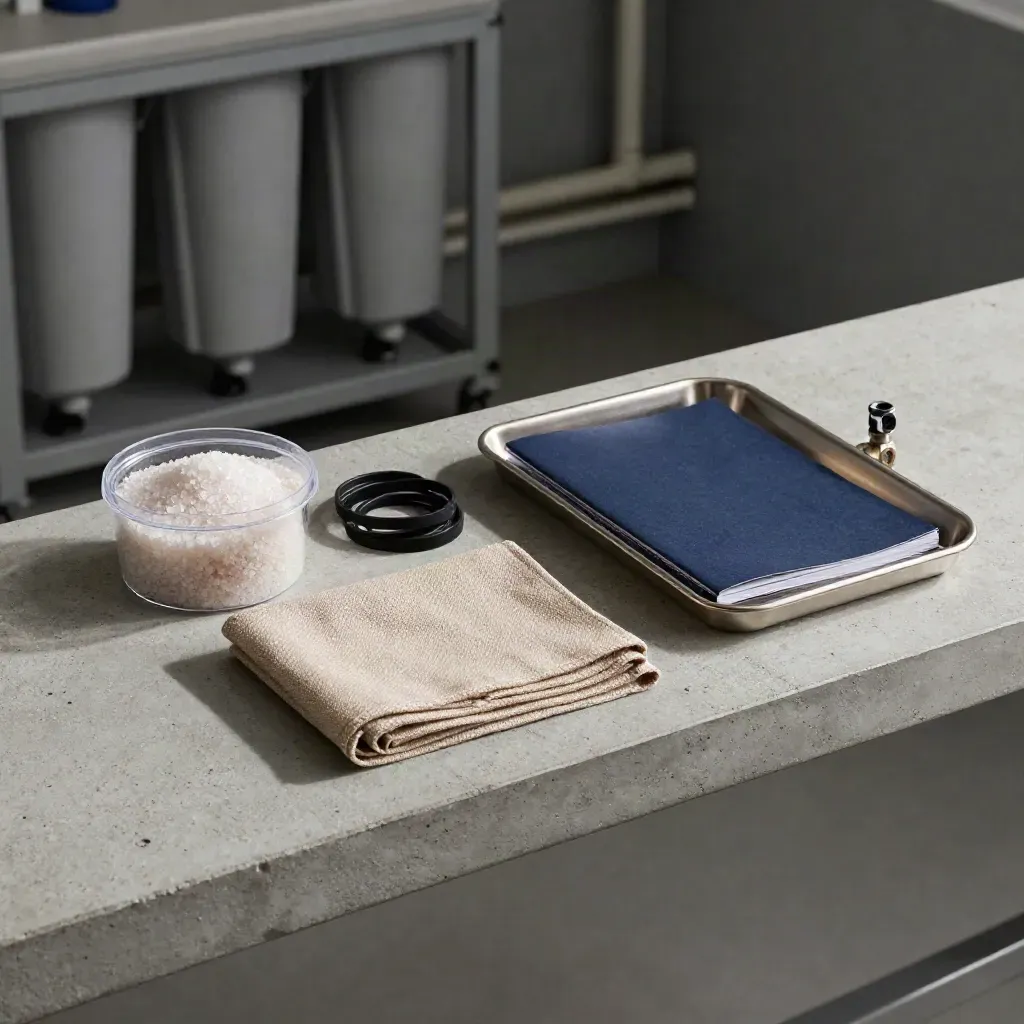 Servicekit met zout, O-ringen, doek en onderhoudsboekje op een betonnen plank