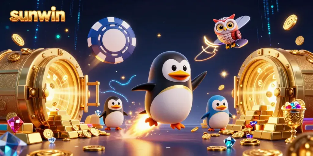 Experience thrilling gameplay at Sunwin, where a golden penguin flies towards a vibrant casino.