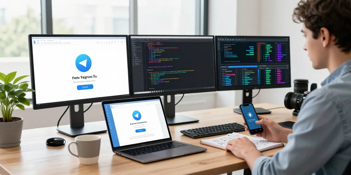 Download Telegram on multiple devices in a modern workspace for effective communication.