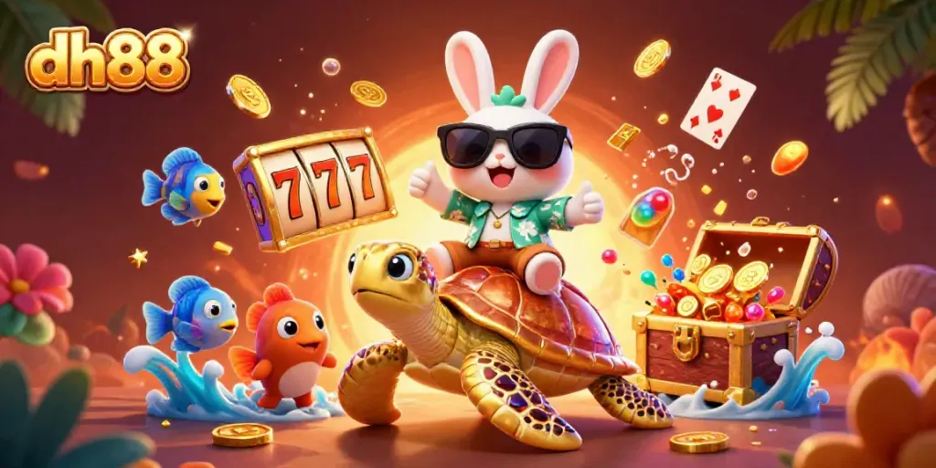 Win big with dh88's animated rabbit and turtle in vibrant casino scene.