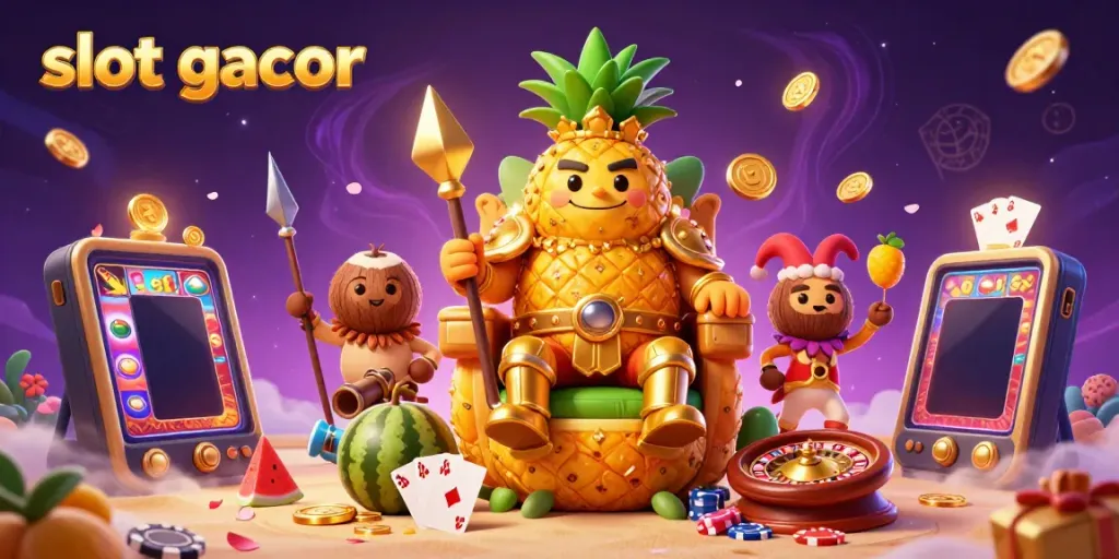 Experience the excitement of slot gacor games with a vibrant illustration featuring a golden pineapple king and lively casino elements.