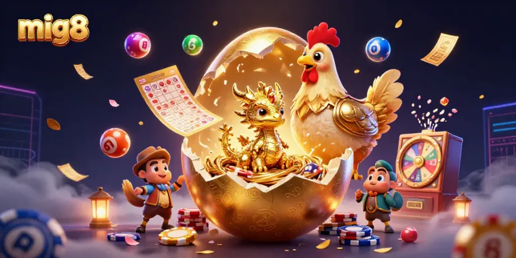 Experience the excitement at MIG8 with a dragon, poker chips, and lottery elements in a vibrant scene.