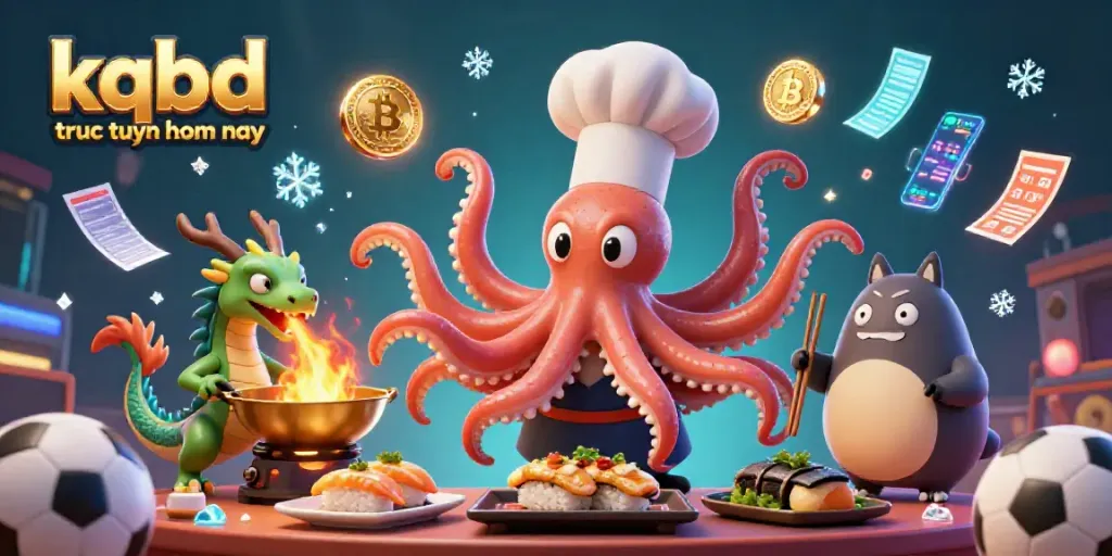 Engage in kqbd truc tuyen hom nay with a vibrant scene of a cartoon octopus chef and dragon cooking gold dishes.