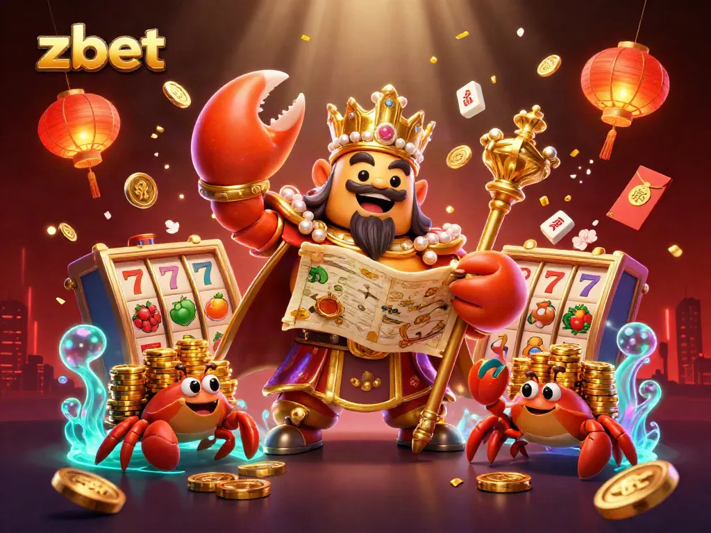 Experience zbet's thrilling casino action with a golden crab emperor and vibrant slot elements.