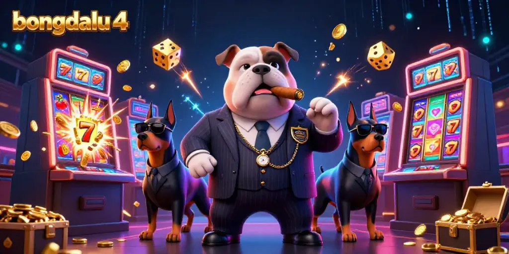 Experience the thrill of gaming with bongdalu 4, featuring a mafia boss bulldog among vibrant casino elements.