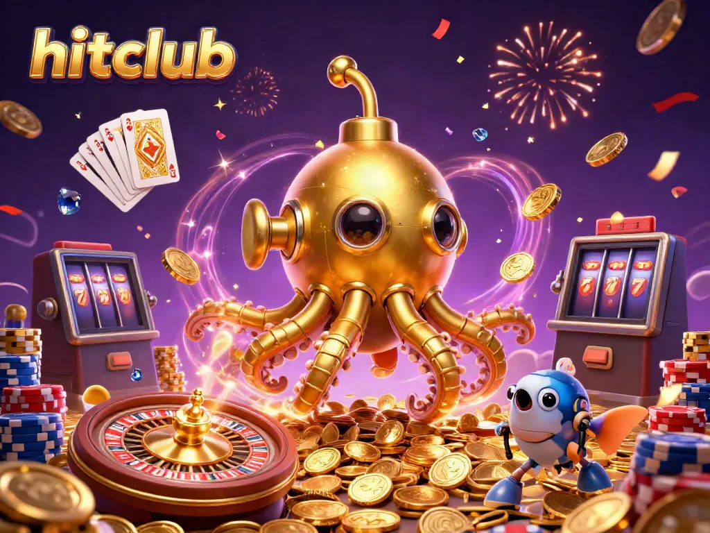 Experience thrilling wins at hitclub with a vibrant scene of a kraken submarine amidst gold coins and lively casino elements.