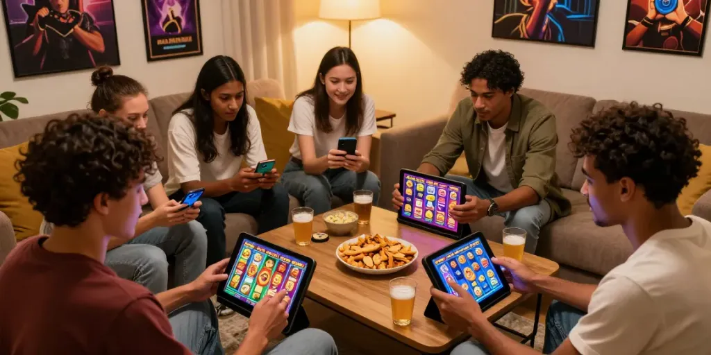 Teman-teman asyik bermain apk slot di ruang tamu yang nyaman dengan suasana ceria.