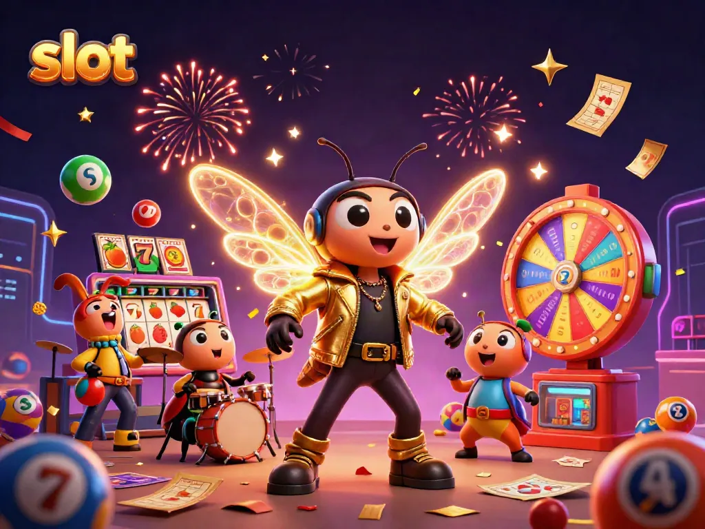 Celebrate slot victories with a dynamic 3D scene showcasing colorful jackpots, exciting game elements, and lively characters.