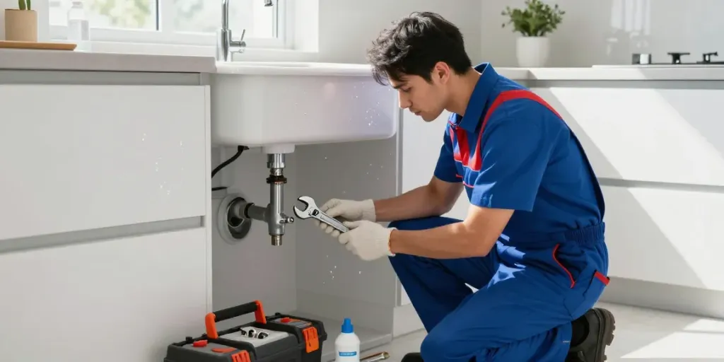 Professionele loodgieter Brussel repareert een lekkende gootsteen in een moderne keuken.