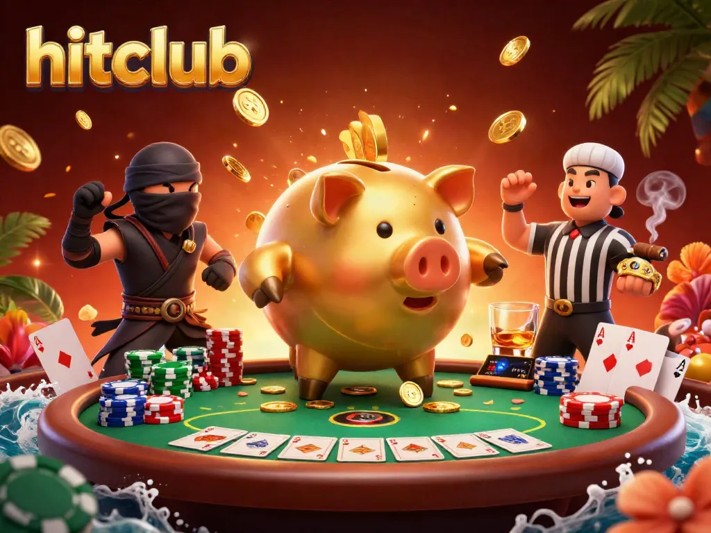 Experience hitclub's vibrant gambling scene with a golden piggy bank sumo wrestler amidst a rich casino atmosphere.