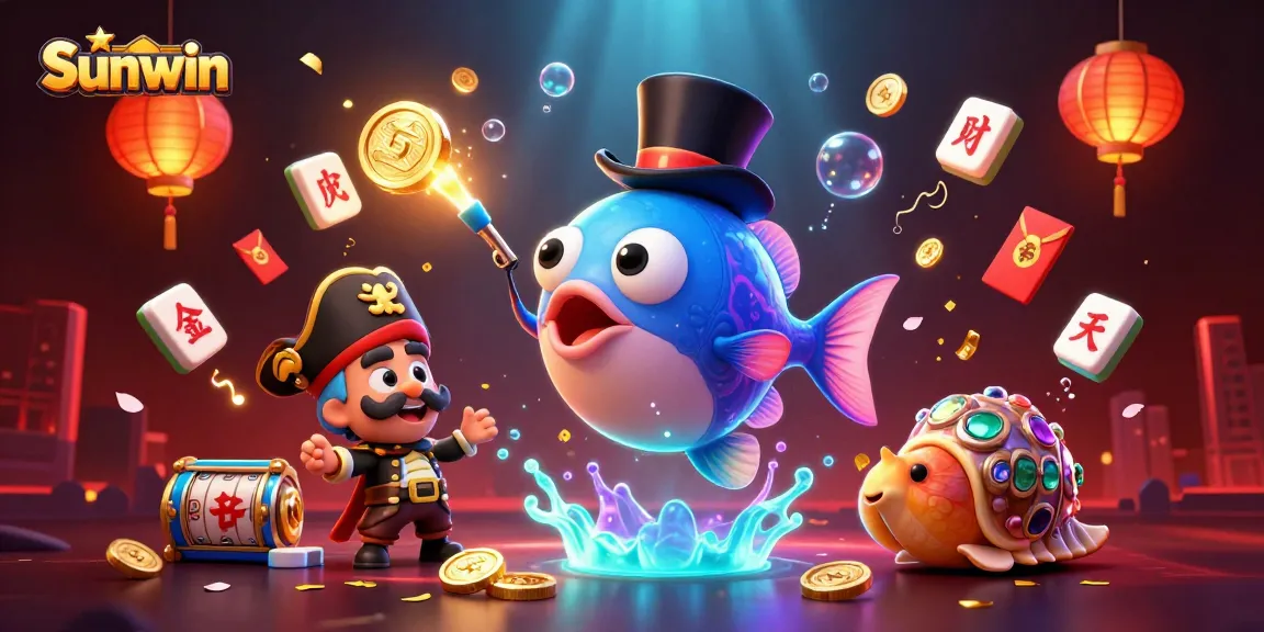 Sunwin engages players with a vibrant scene of casino excitement featuring unique characters and dynamic elements.