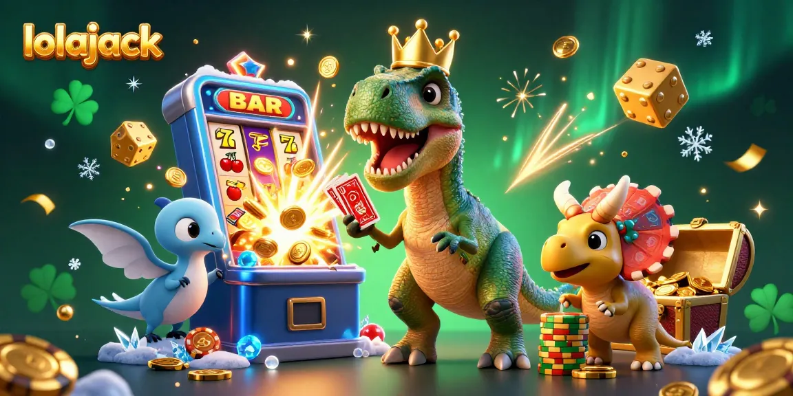 Engaging scene of a T-Rex and triceratops exploring lolajack casino as they shuffle cards and stack chips.
